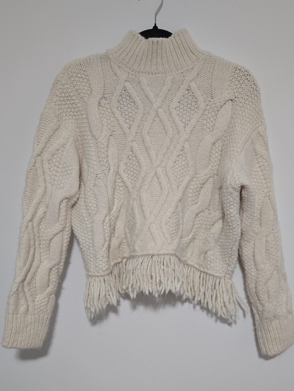 Mango Cream Cable Knit Fringe Turtleneck Sweater XS/S